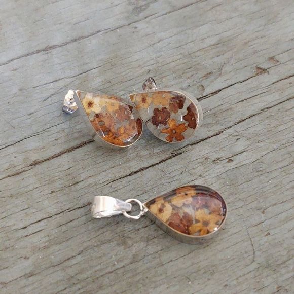 VTG 925 Sterling Pressed Flowers Earrings Pendant SET 🌺 - Picture 8 of 10